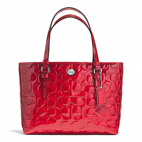 COACH F52088 PEYTON SIGNATURE C EMBOSSED PATENT TOP HANDLE TOTE SILVER/RED