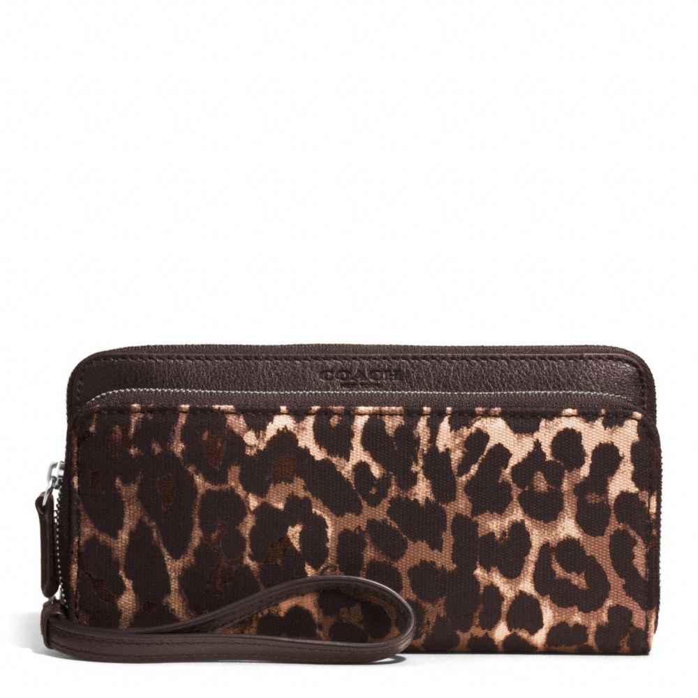 COACH PARK OCELOT PRINT DOUBLE ACCORDION ZIP AROUND WALLET - BRASS/MAHOGANY MULTI - F52097