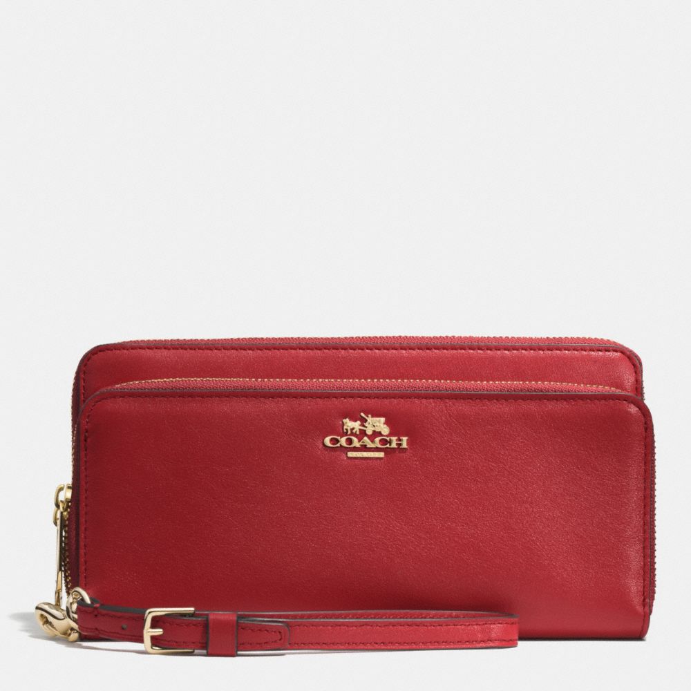 COACH DOUBLE ACCORDION ZIP WALLET IN LEATHER -  LIGHT GOLD/RED CURRANT - f52103