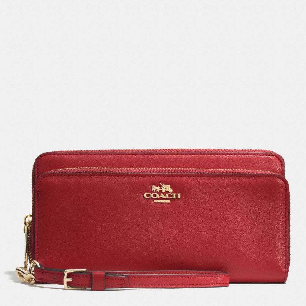 COACH f52103 DOUBLE ACCORDION ZIP WALLET IN LEATHER  LIGHT GOLD/RED CURRANT