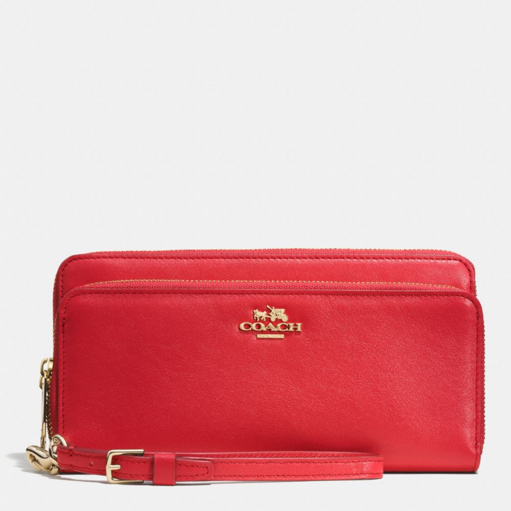 COACH F52103 DOUBLE ACCORDION ZIP WALLET IN LEATHER -LIGHT-GOLD/RED