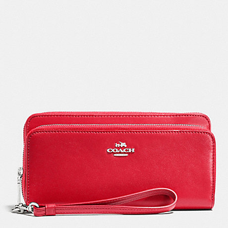 COACH F52103 DOUBLE ACCORDION ZIP WALLET IN LEATHER SILVER/TRUE-RED