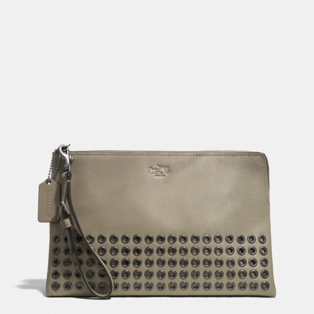 BLEECKER GROMMETS LARGE POUCH CLUTCH IN LEATHER - BLACK ANTIQUE NICKEL/OLIVE GREY - COACH F52109