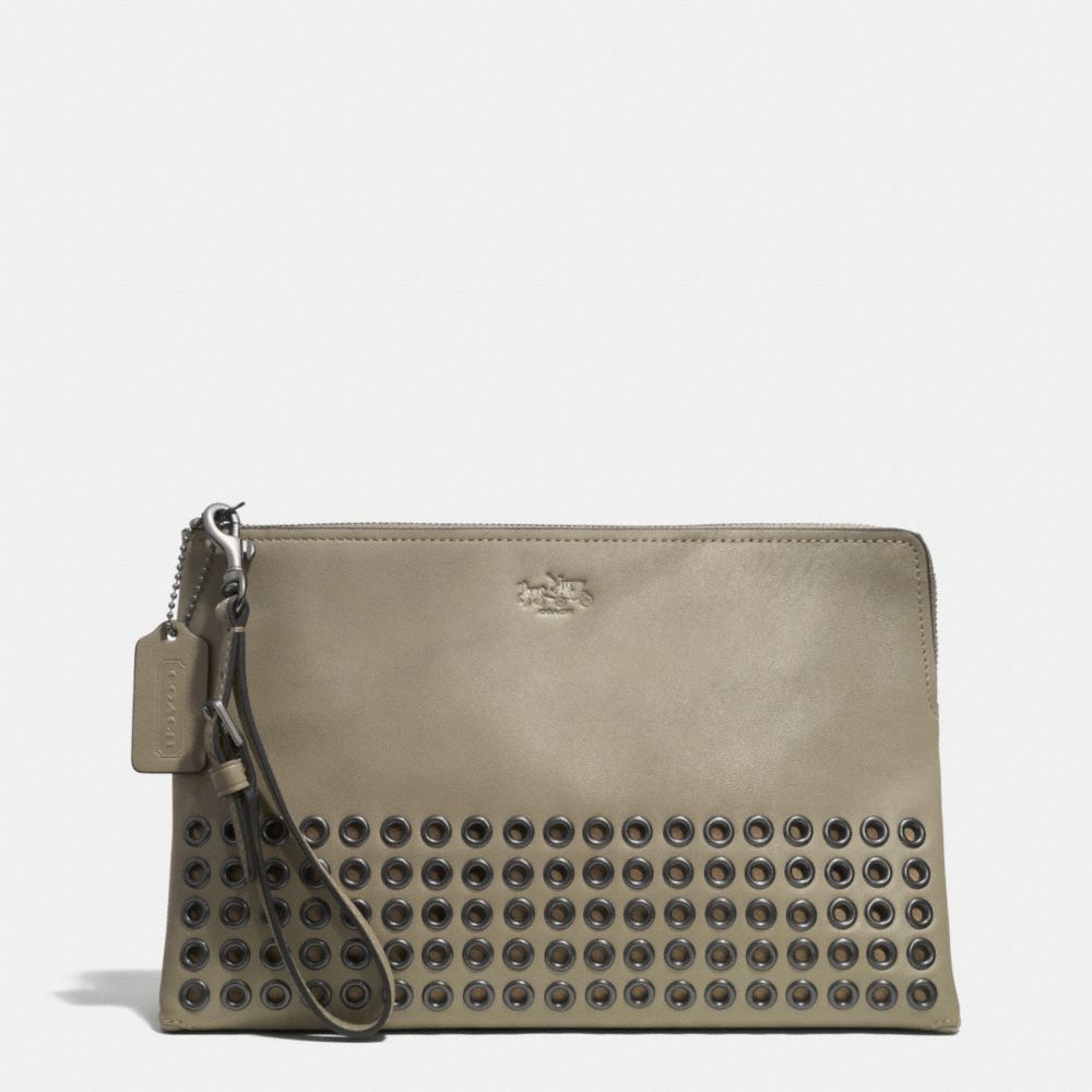 COACH BLEECKER GROMMETS LARGE POUCH CLUTCH IN LEATHER - BLACK ANTIQUE NICKEL/OLIVE GREY - F52109