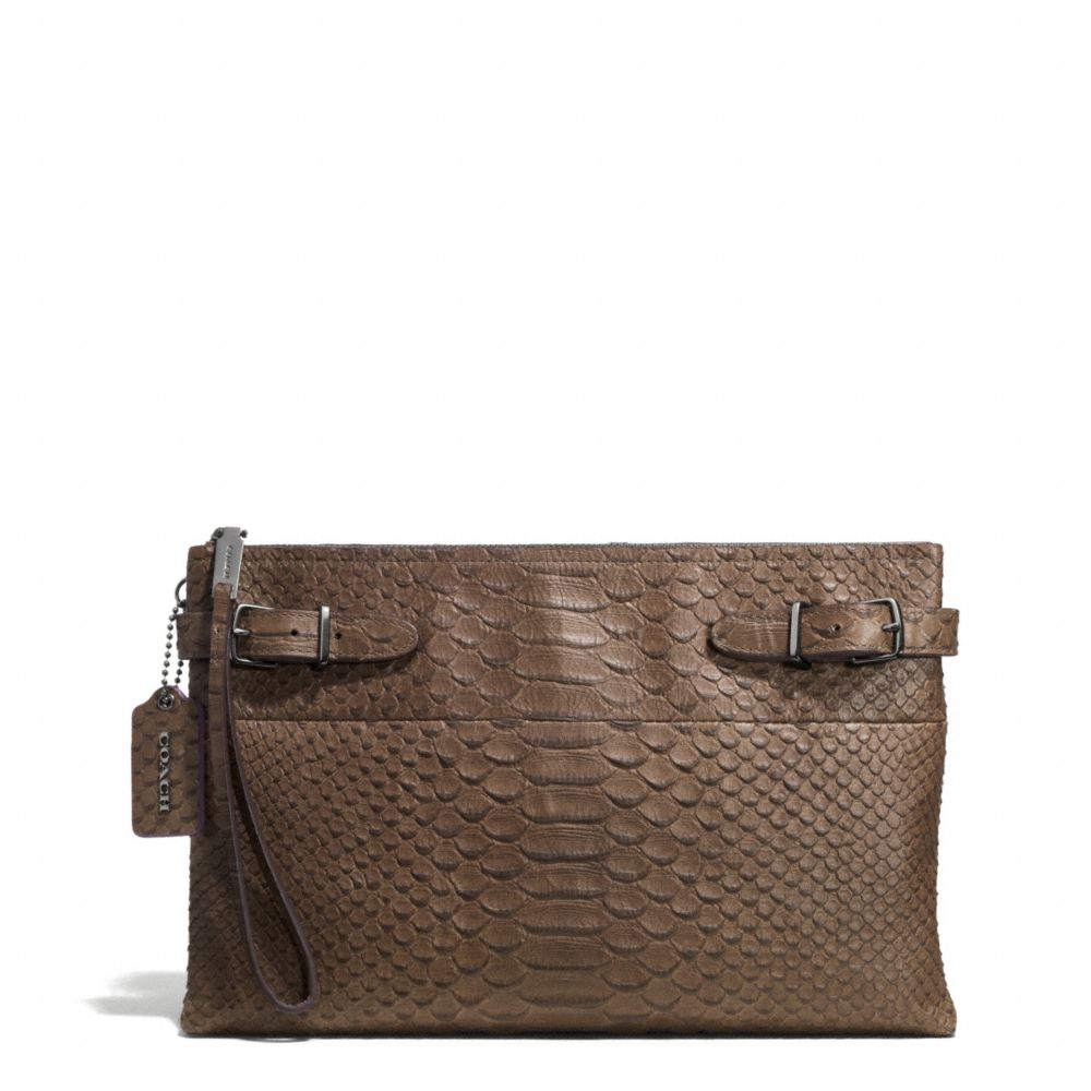LARGE BOROUGH CLUTCH IN PYTHON EMBOSSED LEATHER - f52113 - BLACK ANTIQUE NICKEL/TAUPE GREY