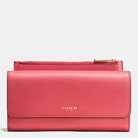 COACH F52119 SAFFIANO LEATHER SLIM ENVELOPE WALLET WITH POUCH -LIGHT-GOLD/LOGANBERRY