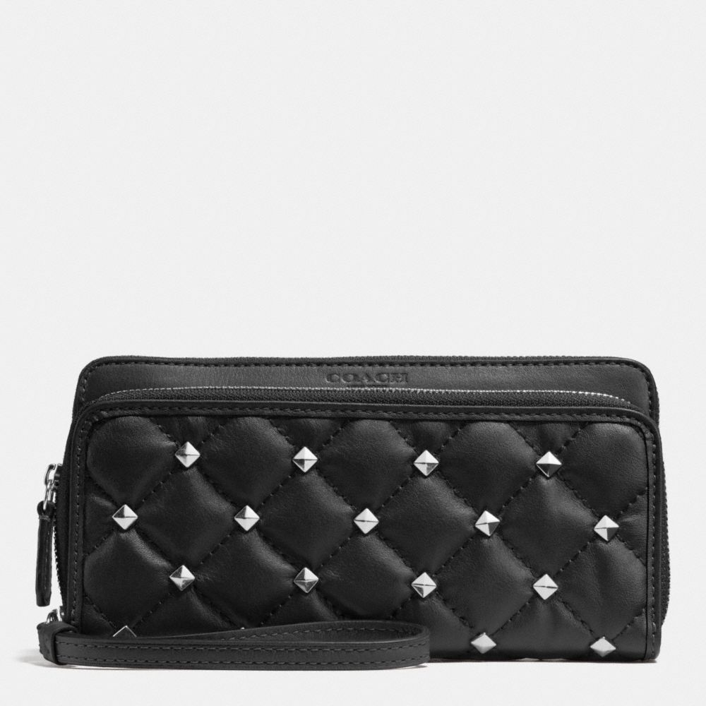 COACH f52160 METRO STUDDED QUILTED DOUBLE ACCORDION ZIP WALLET SILVER/BLACK