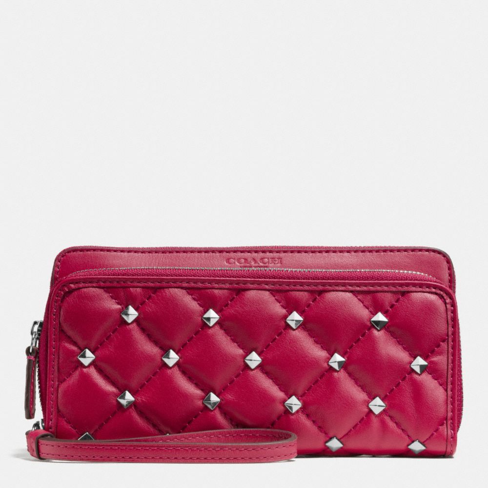 COACH F52160 METRO STUDDED QUILTED DOUBLE ACCORDION ZIP WALLET SILVER/BERRY