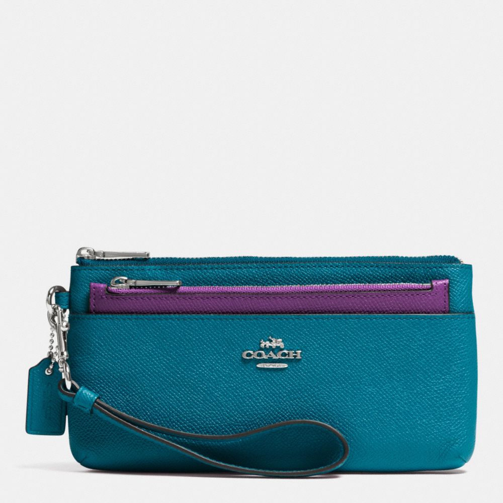 ZIPPY WALLET WITH POP-UP POUCH IN EMBOSSED TEXTURED LEATHER - f52334 - SILVER/TEAL