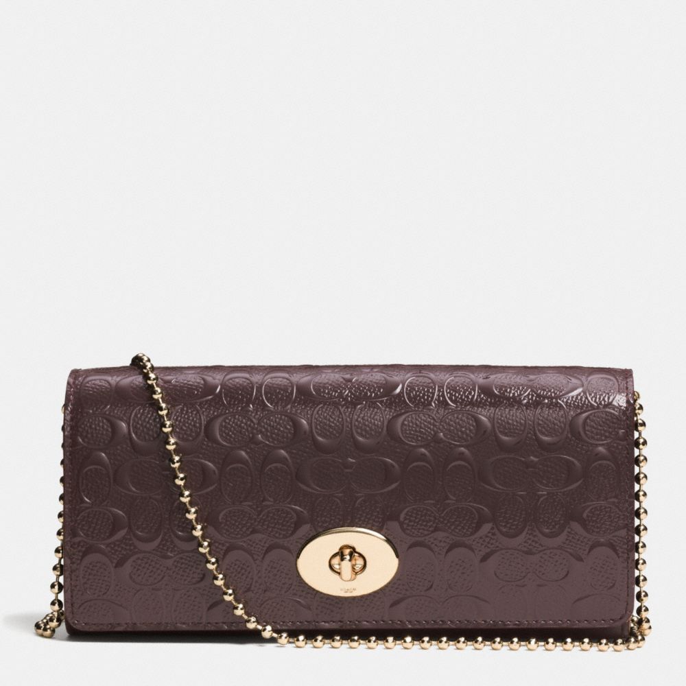 COACH f52335 SLIM ENVELOPE ON CHAIN IN LOGO EMBOSSED PATENT LEATHER  LIGHT GOLD/OXBLOOD