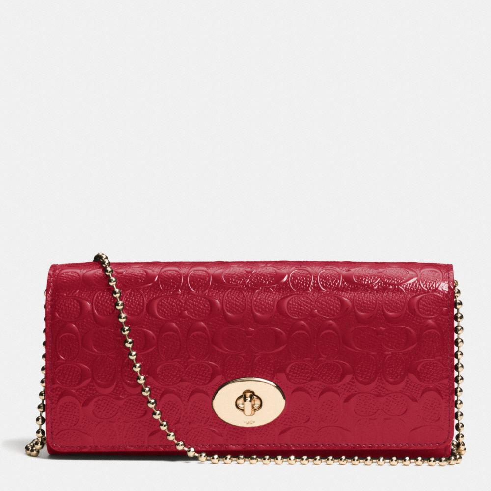 COACH F52335 Slim Envelope On Chain In Logo Embossed Patent Leather  LIGHT GOLD/RED