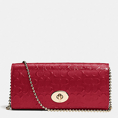 COACH f52335 SLIM ENVELOPE ON CHAIN IN LOGO EMBOSSED PATENT LEATHER  LIGHT GOLD/RED