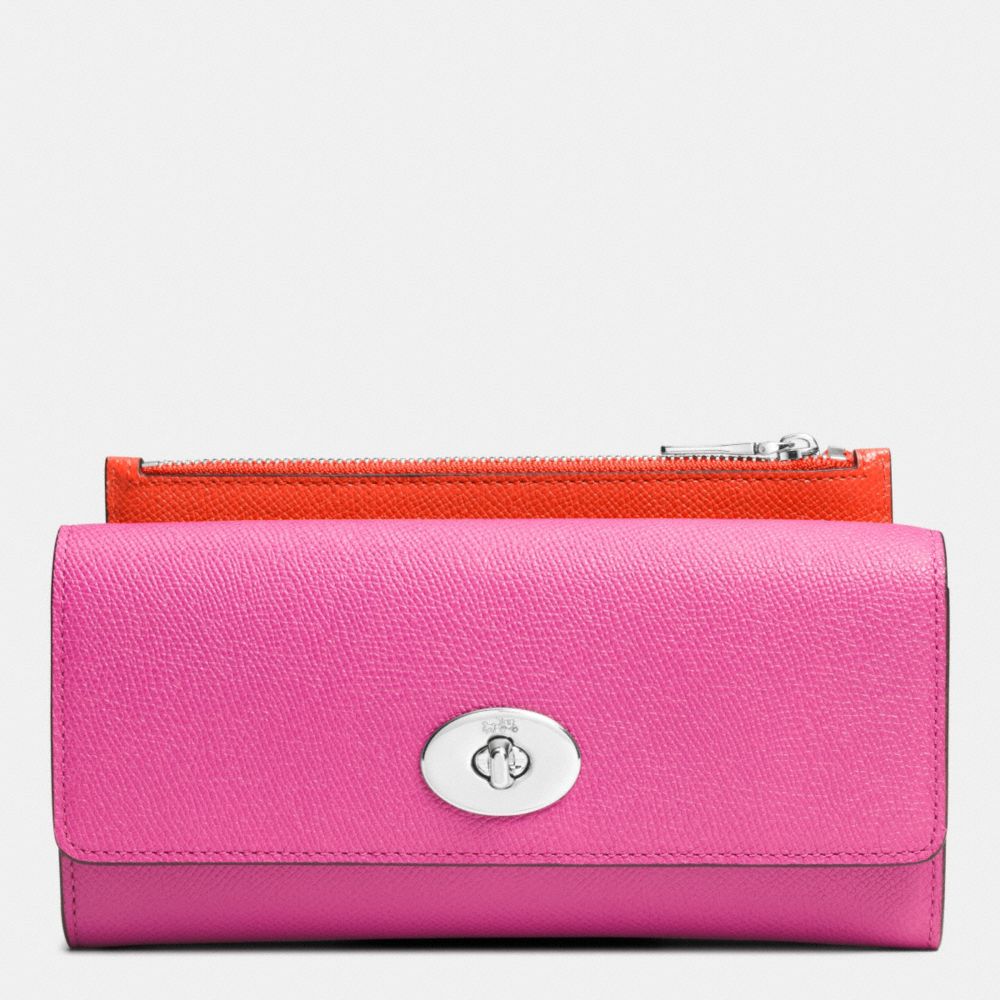 SLIM ENVELOPE WALLET WITH POP-UP POUCH IN EMBOSSED TEXTURED LEATHER - f52345 - SILVER/FUCHSIA