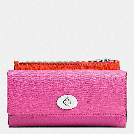 COACH F52345 SLIM ENVELOPE WALLET WITH POP-UP POUCH IN EMBOSSED TEXTURED LEATHER SILVER/FUCHSIA