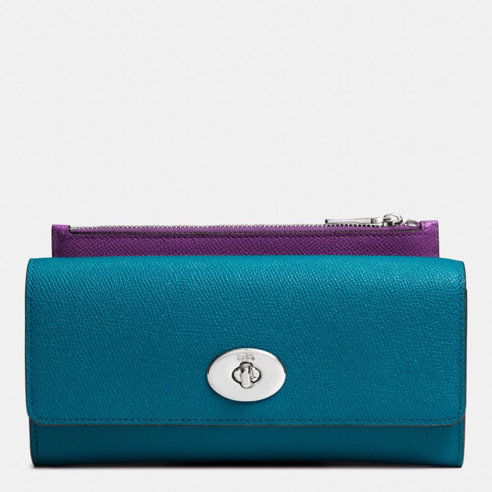 SLIM ENVELOPE WALLET WITH POP-UP POUCH IN EMBOSSED TEXTURED LEATHER - SILVER/TEAL - COACH F52345
