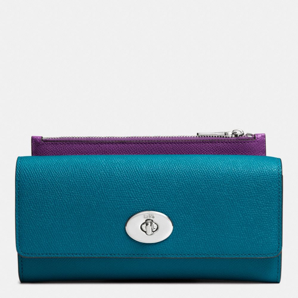 COACH f52345 SLIM ENVELOPE WALLET WITH POP-UP POUCH IN EMBOSSED TEXTURED LEATHER SILVER/TEAL