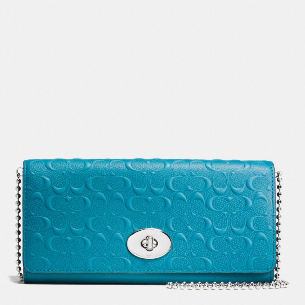 COACH SLIM ENVELOPE WALLET ON CHAIN IN LOGO EMBOSSED LEATHER - SILVER/TEAL - F52353