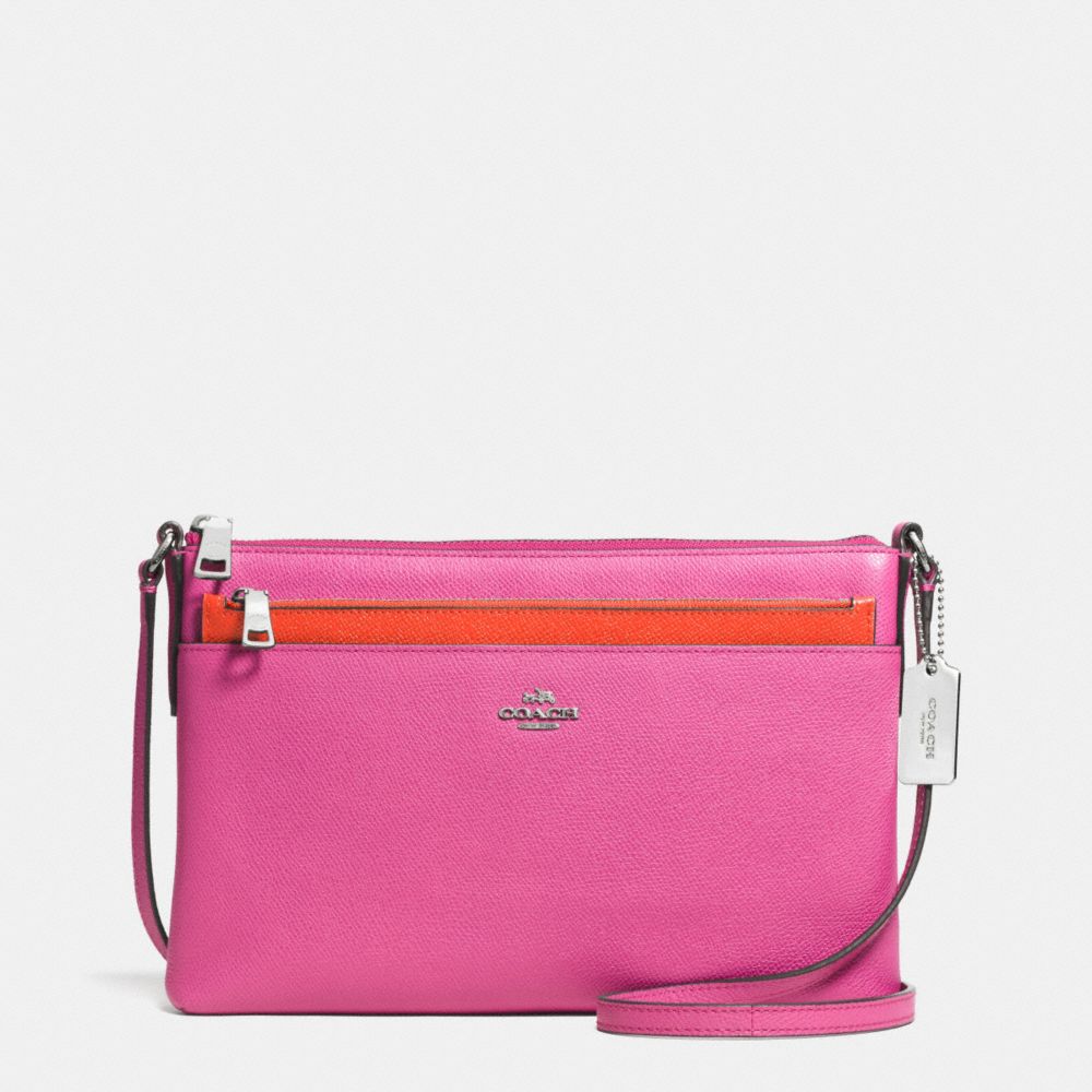 SWINGPACK WITH POP-UP POUCH IN EMBOSSED TEXTURED LEATHER - f52377 - SILVER/FUCHSIA