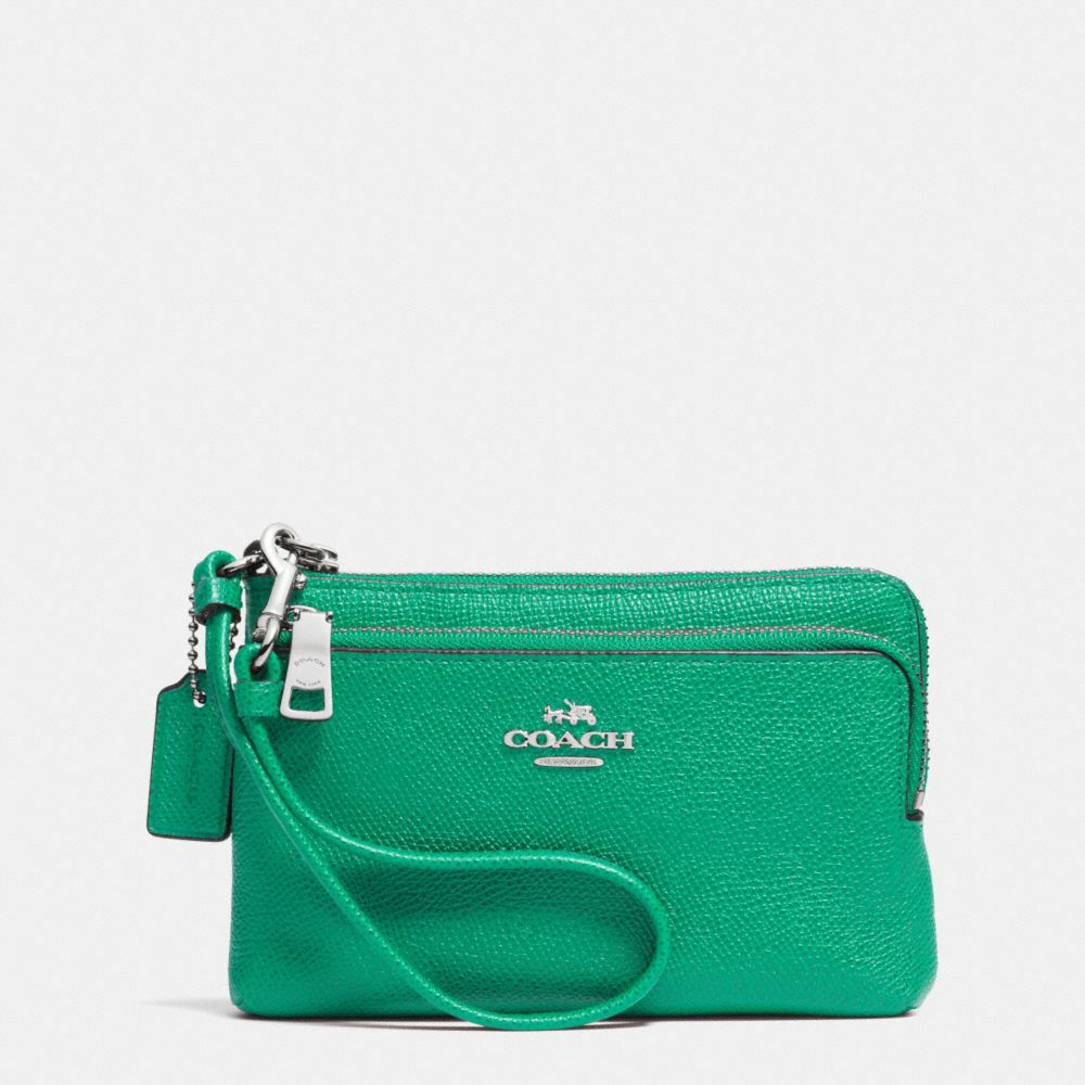 COACH F52380 DOUBLE L-ZIP WRISTLET IN EMBOSSED TEXTURED LEATHER SILVER/JADE