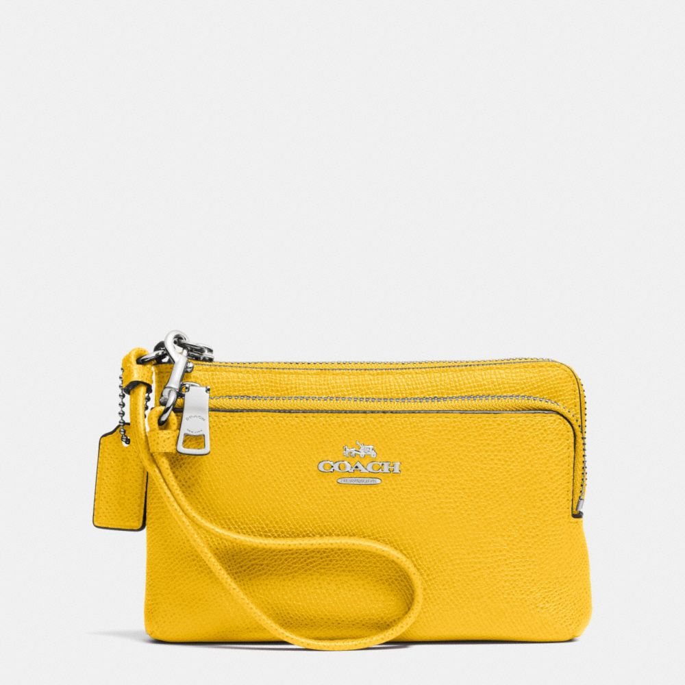 COACH f52380 DOUBLE L-ZIP WRISTLET IN EMBOSSED TEXTURED LEATHER SILVER/YELLOW