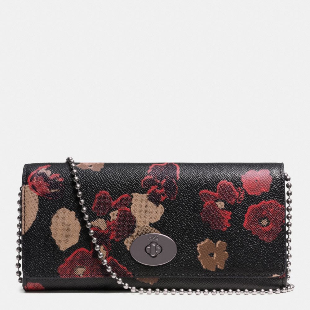 COACH F52398 SLIM ENVELOPE WALLET ON CHAIN IN FLORAL PRINT LEATHER BURNISHED-ANTIQUE-BRASS/BLACK-MULTI