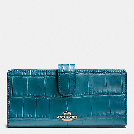COACH f52418 SKINNY WALLET IN CROC EMBOSSED LEATHER LIGHT GOLD/TEAL
