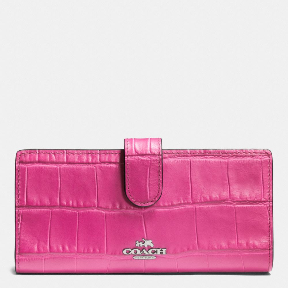 COACH F52418 Skinny Wallet In Croc Embossed Leather SILVER/HOT PINK