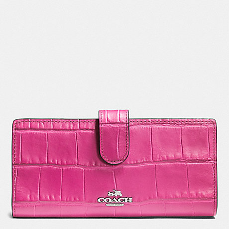 COACH f52418 SKINNY WALLET IN CROC EMBOSSED LEATHER SILVER/HOT PINK