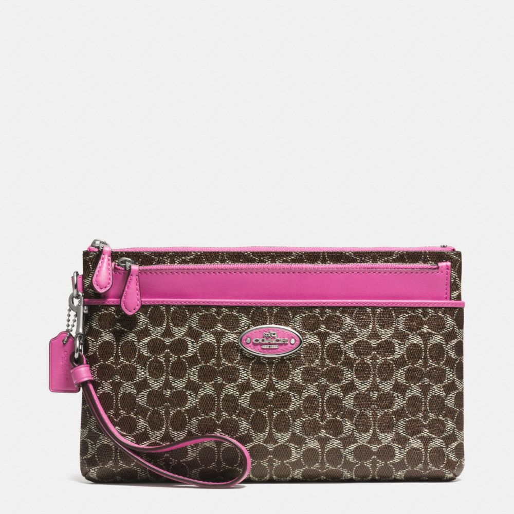 COACH F52423 Large Wristlet With Pop-up Pouch In Signature Coated Canvas  SILVER/BROWN/FUCHSIA