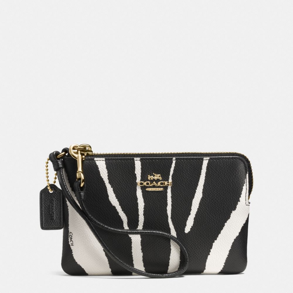 COACH F52435 Small L-zip Wristlet In Zebra Embossed Leather LIGHT GOLD/BLACK WHITE