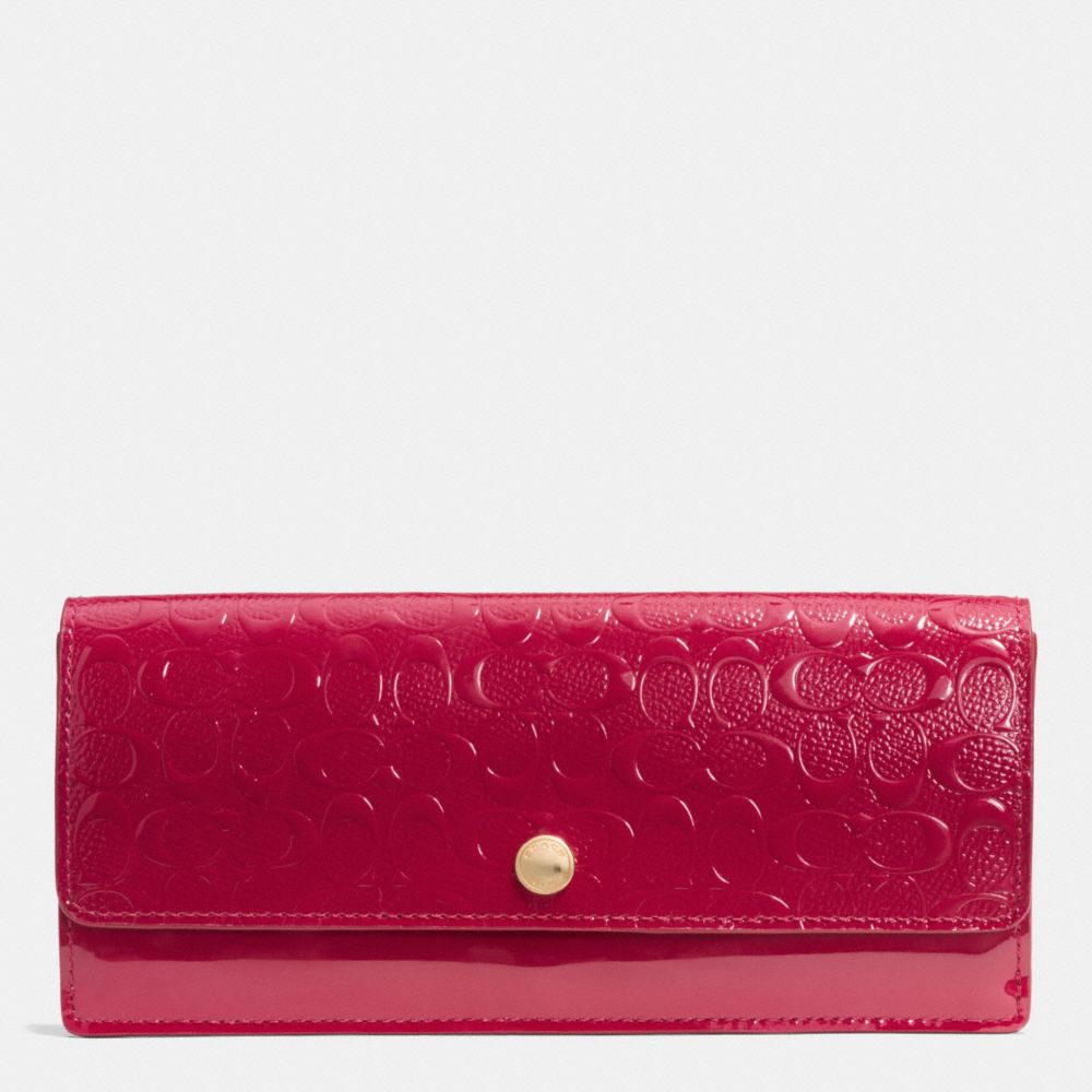 COACH f52458 SOFT WALLET IN LOGO EMBOSSED PATENT LEATHER  LIGHT GOLD/RED