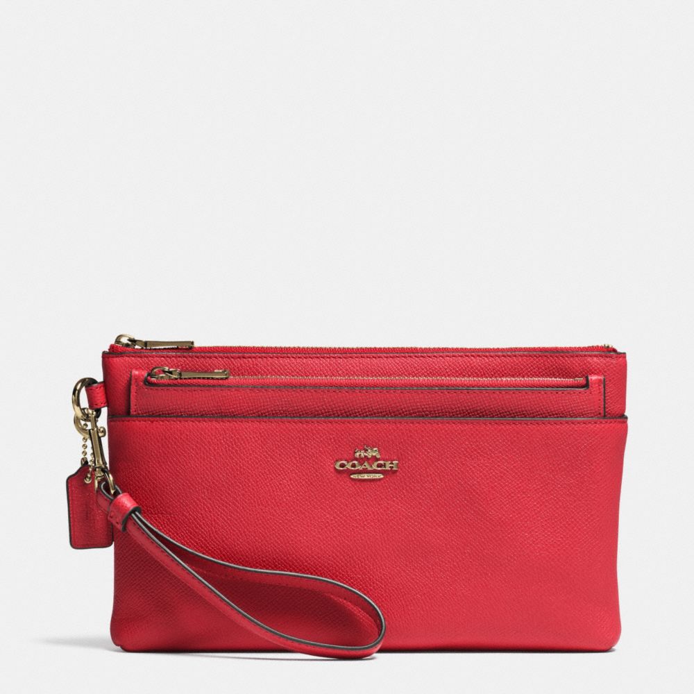 LARGE WRISTLET WITH POP-UP POUCH IN EMBOSSED TEXTURED LEATHER - f52468 - LIGHT GOLD/RED