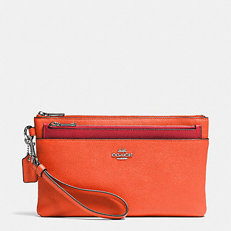 COACH F52468 LARGE WRISTLET WITH POP-UP POUCH IN EMBOSSED TEXTURED LEATHER SILVER/CORAL