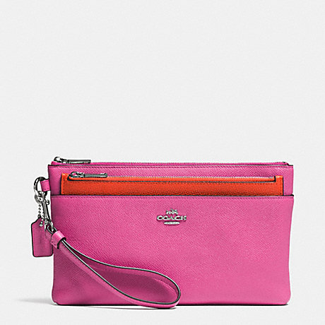 COACH F52468 LARGE WRISTLET WITH POP-UP POUCH IN EMBOSSED TEXTURED LEATHER SILVER/FUCHSIA