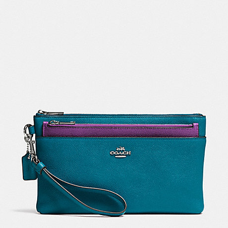 COACH F52468 LARGE WRISTLET WITH POP-UP POUCH IN EMBOSSED TEXTURED LEATHER SILVER/TEAL