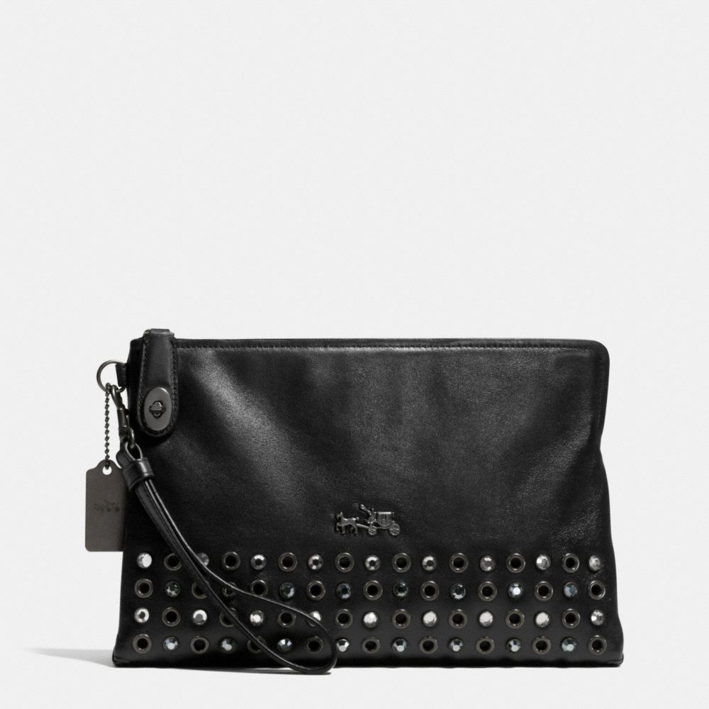 JEWELS AND GROMMETS LARGE POUCH CLUTCH IN LEATHER - f52476 - BURNISHED ANTIQUE BRASS/BLACK