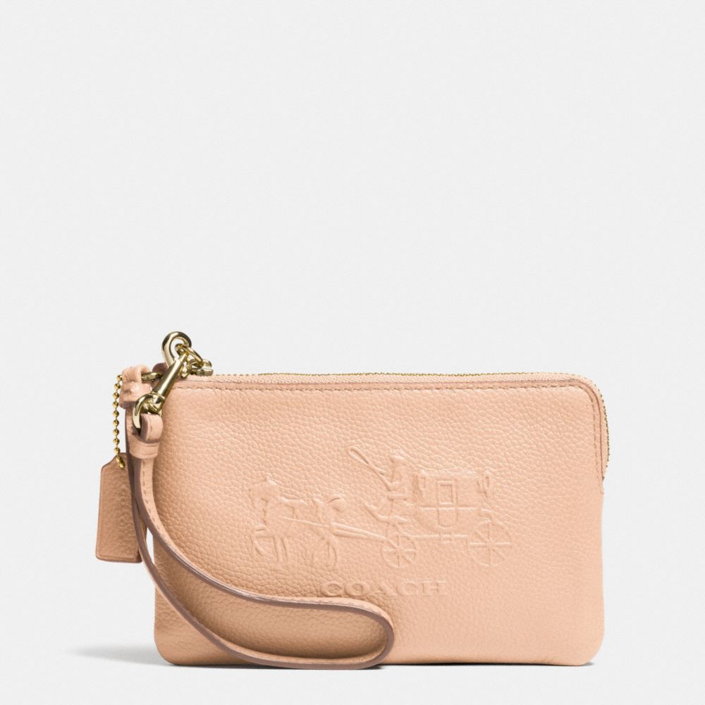 COACH F52500 Embossed Horse And Carriage Small L-zip Wristlet In Leather LIGHT GOLD/APRICOT