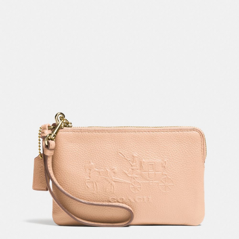 COACH EMBOSSED HORSE AND CARRIAGE SMALL L-ZIP WRISTLET IN LEATHER - LIGHT GOLD/APRICOT - F52500