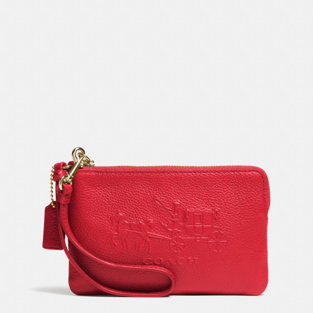 EMBOSSED HORSE AND CARRIAGE SMALL ZIP WRISTLET IN LEATHER - LIGHT GOLD/RED - COACH F52500