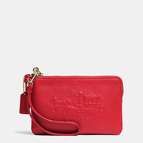 COACH F52500 EMBOSSED HORSE AND CARRIAGE SMALL ZIP WRISTLET IN LEATHER -LIGHT-GOLD/RED