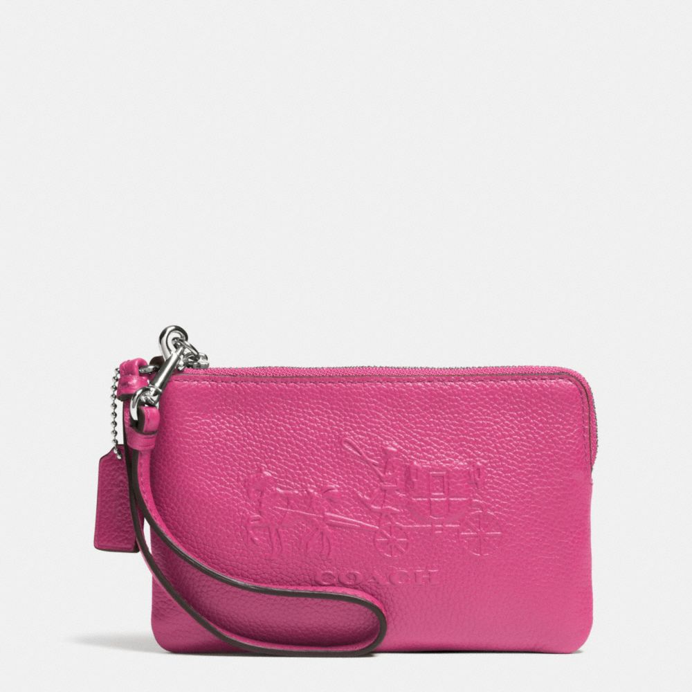 COACH F52500 Embossed Horse And Carriage Small L-zip Wristlet In Leather  SILVER/FUCHSIA