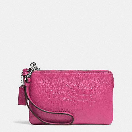 COACH F52500 EMBOSSED HORSE AND CARRIAGE SMALL L-ZIP WRISTLET IN LEATHER -SILVER/FUCHSIA