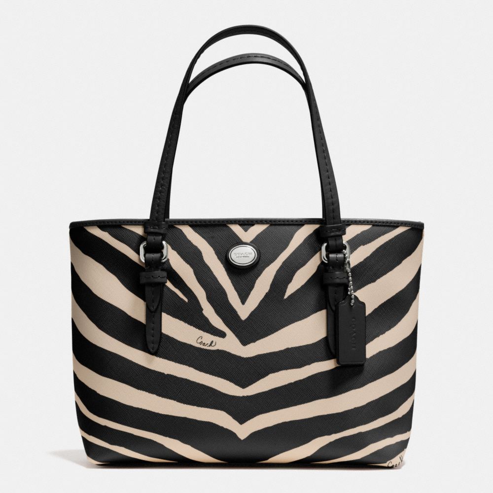 COACH f52532 PEYTON ZEBRA PRINT TOP HANDLE TOTE SILVER/BLACK