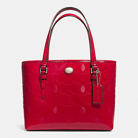COACH F52534 PEYTON LINEAR C EMBOSSED PATENT TOP HANDLE TOTE -SILVER/RED