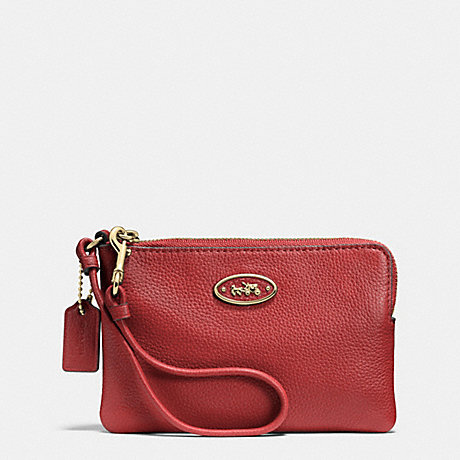COACH f52553 L-ZIP SMALL WRISTLET IN LEATHER LIGHT GOLD/RED CURRANT