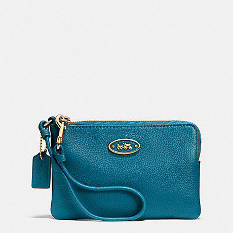 COACH F52553 L-ZIP SMALL WRISTLET IN LEATHER -LIGHT-GOLD/TEAL