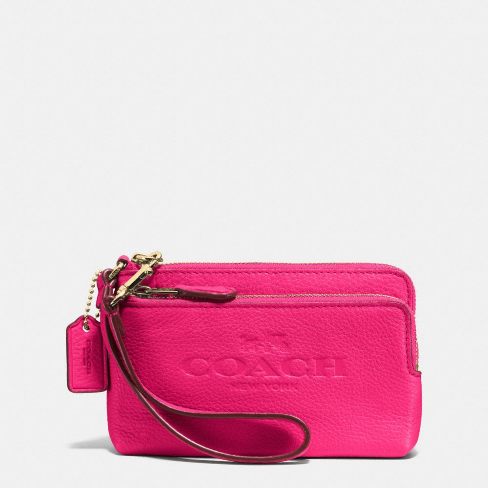 COACH F52556 Double Corner Zip Wristlet In Pebble Leather LIGHT GOLD/PINK RUBY