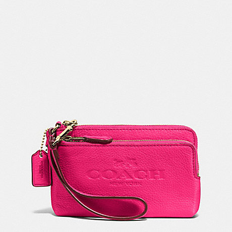 COACH F52556 DOUBLE CORNER ZIP WRISTLET IN PEBBLE LEATHER LIGHT-GOLD/PINK-RUBY