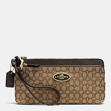 COACH f52571 DOUBLE ZIP WALLET IN SIGNATURE  LIGHT GOLD/KHAKI/BROWN