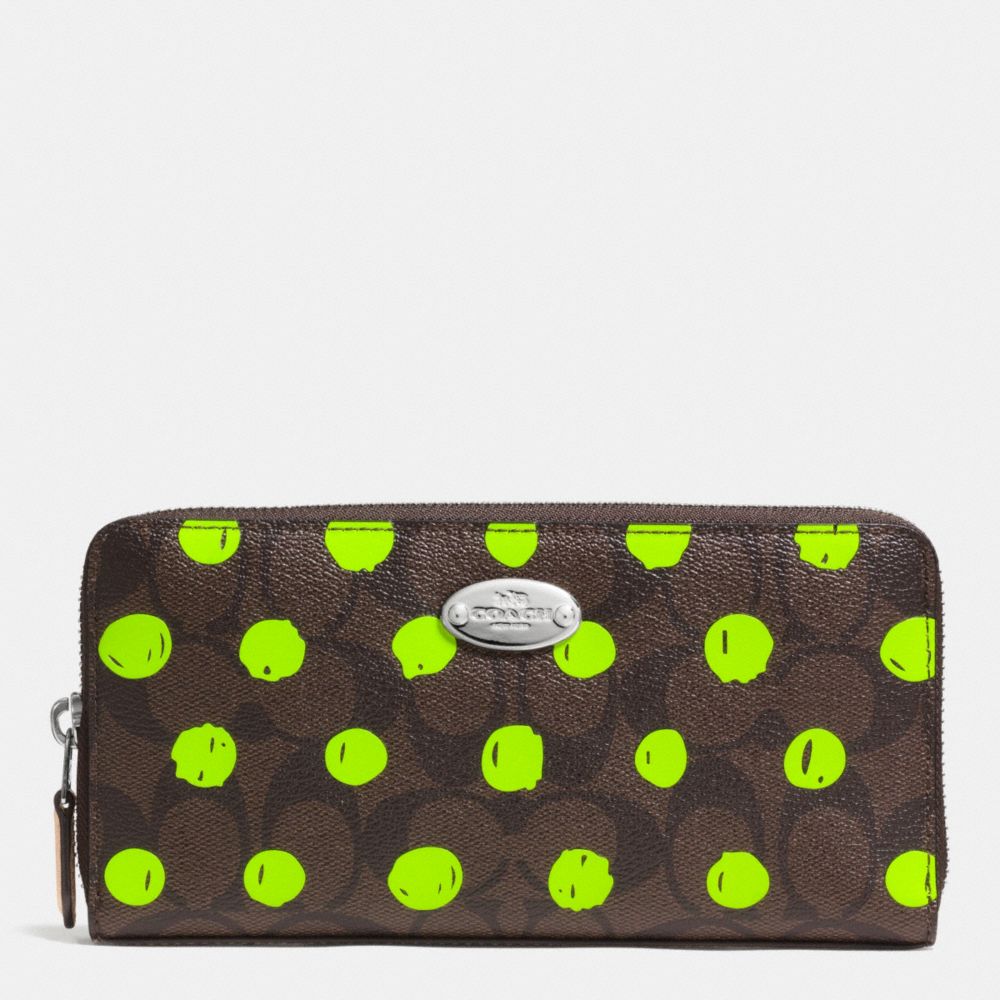 COACH ACCORDION ZIP WALLET IN DOT PRINT SIGNATURE CANVAS - SILVER/BROWN/NEON YELLOW - f52578